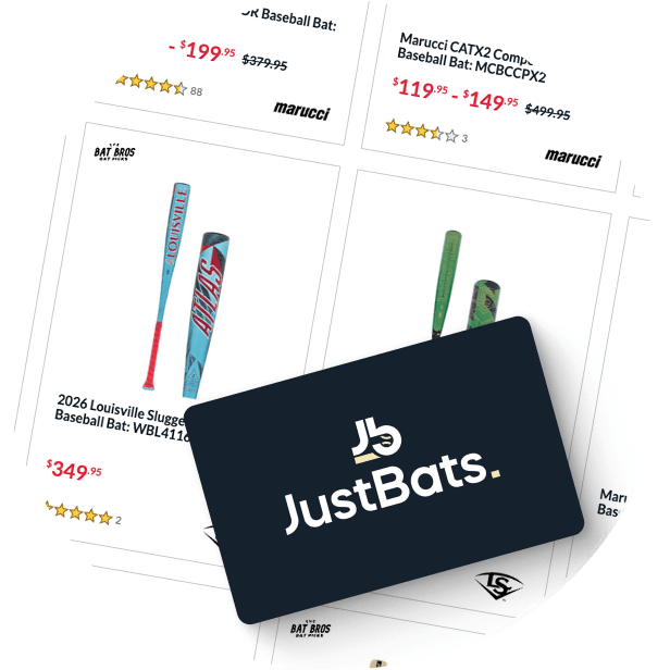 A JustBats gift card with the website in the background