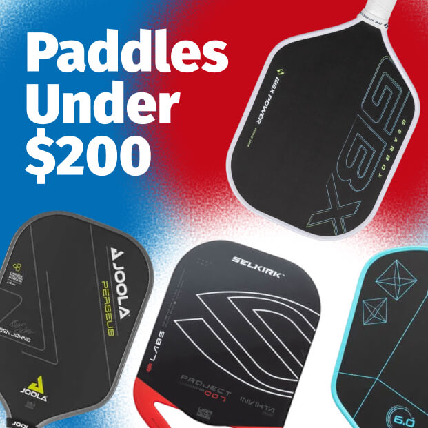 Paddles Under $200 text above several black pickleball paddles, including JOOLA PERSEUS, SK, and J2nF.