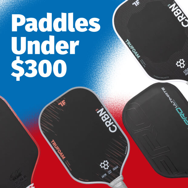 Black pickleball paddles, including PADDLETEK BANTAM (Anna Leigh Waters Signature), JOOLA, CRBN1X. Text: Paddles Under $300.