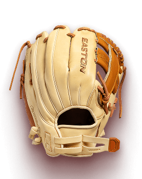 Front view of a tan softball glove with EASTON logo on the index finger, a closed web, and brown lacing.