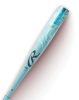 Side view of a light blue baseball bat with CLOUT AI printed on the barrel and subtle patterned graphics.