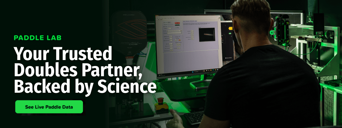 PADDLE LAB: Your Trusted Doubles Partner, Backed by Science. Person views lab data. Button: See Live Paddle Data.