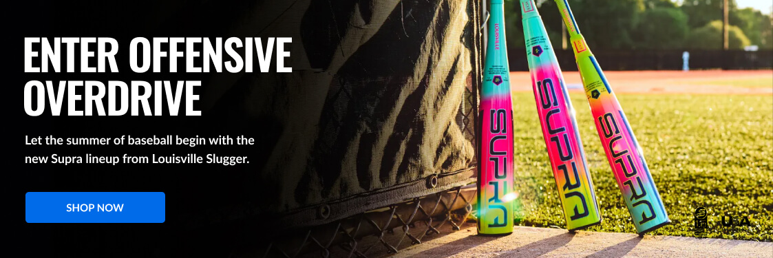 Enter Offensive Overdrive. Louisville Slugger Supra baseball bats in vibrant colors. Shop Now button.