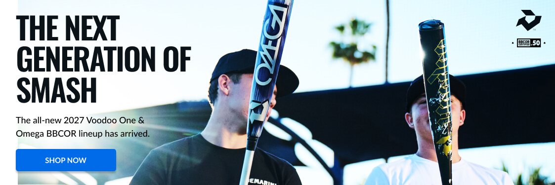 THE NEXT GENERATION OF SMASH text is visible. The all-new 2027 Voodoo One & Omega BBCOR lineup has arrived.