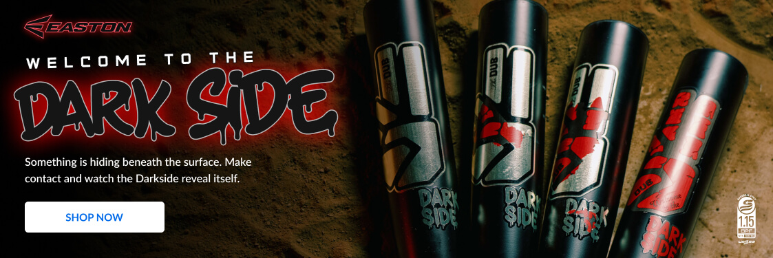 Easton Welcome to the Dark Side baseball bats. Dark Side text is visible on the bats. Shop Now button.
