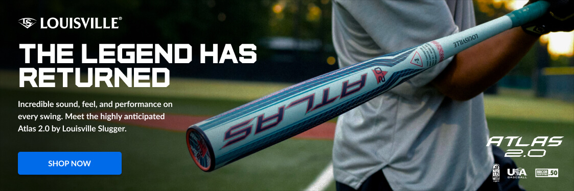 Louisville Slugger Atlas 2.0 baseball bat. The Legend Has Returned text is visible. Shop Now button.