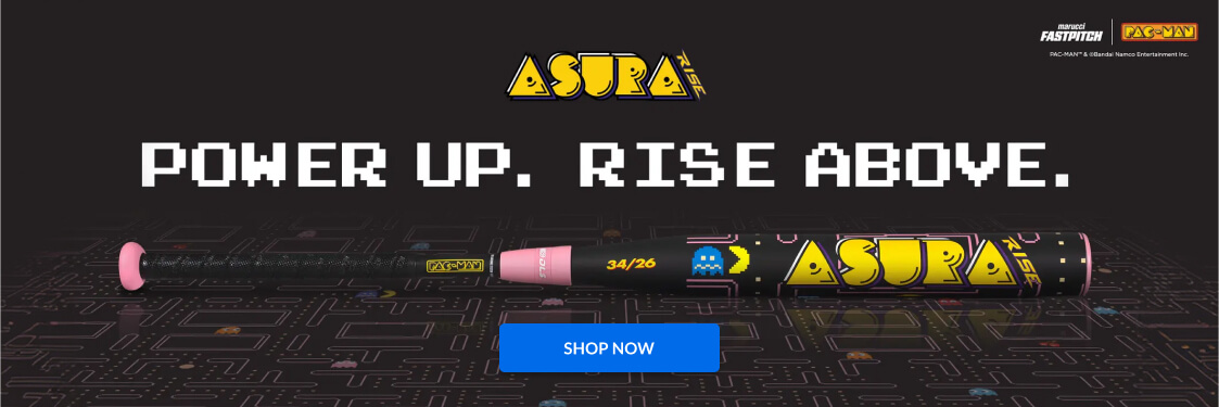 The Asura Rise bat features Pac-Man graphics and the text POWER UP. RISE ABOVE. Shop Now.