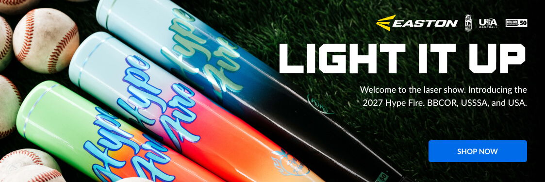 Easton 2027 Hype Fire baseball bats. Light it up text and Shop Now button visible.