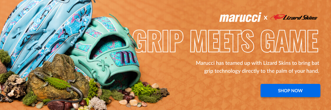 Marucci x Lizard Skins: GRIP MEETS GAME. Baseball gloves with unique patterns and a green lizard are shown with a SHOP NOW button.