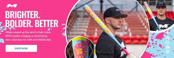 Miken KP23 baseball bat in new USA and USSSA colorways. BRIGHTER. BOLDER. BETTER. is visible. Shop Now button.