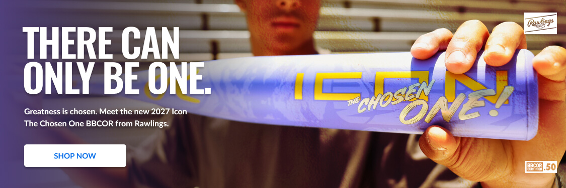 THERE CAN ONLY BE ONE. text overlays a baseball bat with ICON THE CHOSEN ONE! graphics. Shop Now button visible.