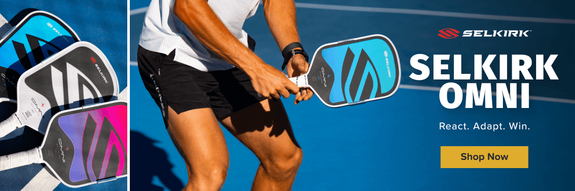 Selkirk OMNI pickleball paddles are shown in various colors. Text reads SELKIRK OMNI React. Adapt. Win. Shop Now.