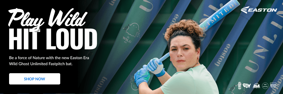 Play Wild HIT LOUD. A woman holds an Easton bat. Shop Now.