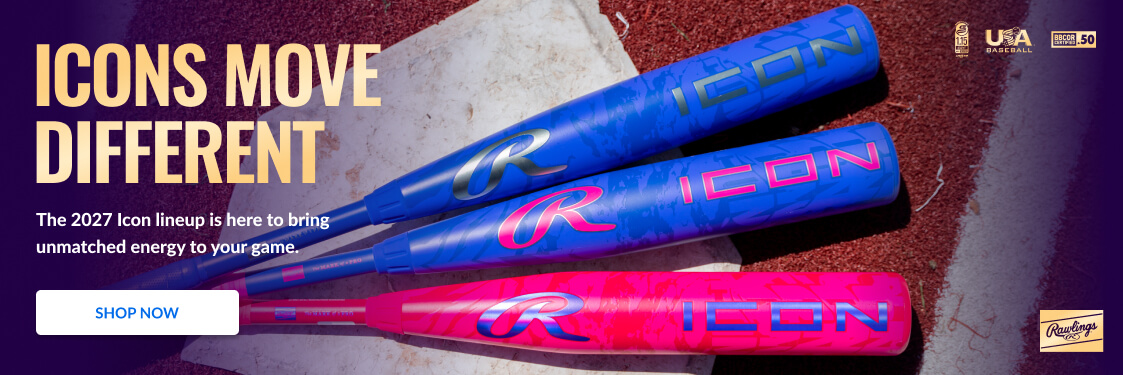 Three Rawlings ICON baseball bats in blue and pink. Text reads ICONS MOVE DIFFERENT and SHOP NOW.