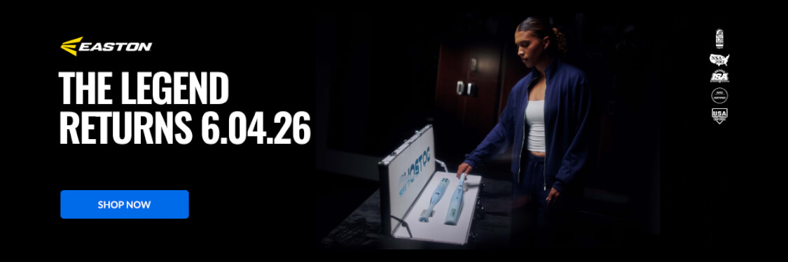 Eastons The Legend Returns 6.04.26 announcement with a woman and product display. Shop Now button.