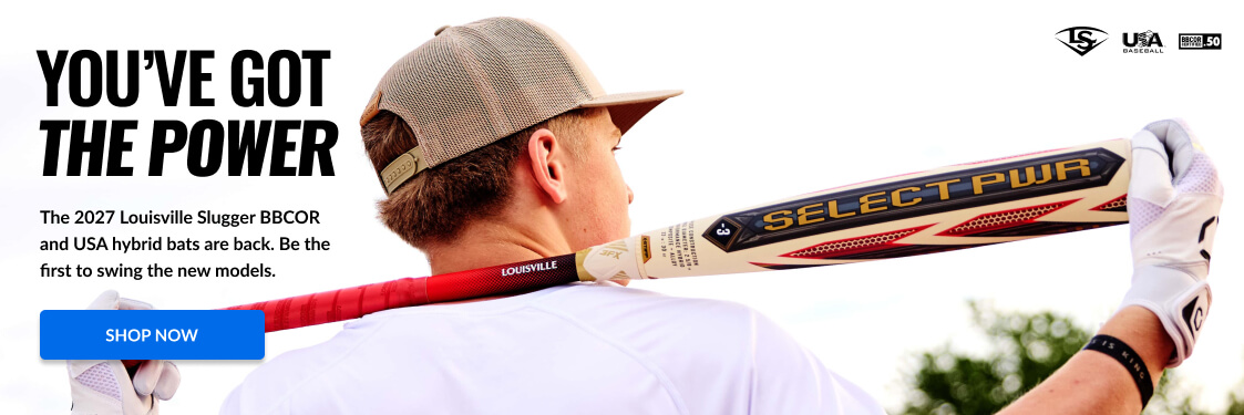 YOUVE GOT THE POWER text above a baseball player holding a Louisville Slugger Select PWR bat. Shop Now button.