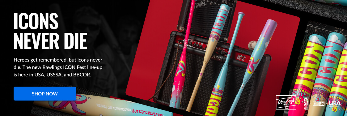 ICONS NEVER DIE is the headline. The Rawlings ICON Fest line-up is available in USA, USSSA, and BBCOR. Shop Now.