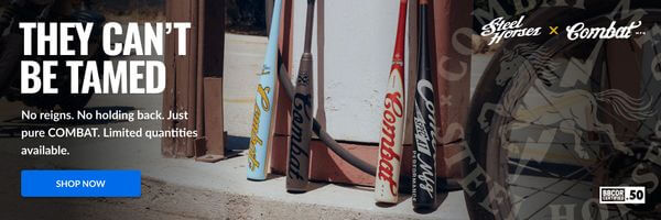 THEY CANT BE TAMED. Text on bats reads Combat. Steel Horses x Combat... logo is visible. Shop Now button.