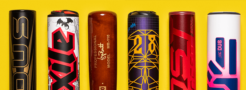 6 new baseball and softball bats with a yellow background