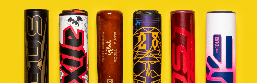 6 new baseball and softball bats with a yellow background