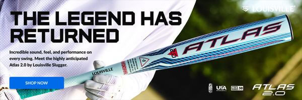 Louisville Slugger Atlas 2.0 baseball bat. The Legend Has Returned text is visible. Shop Now button.