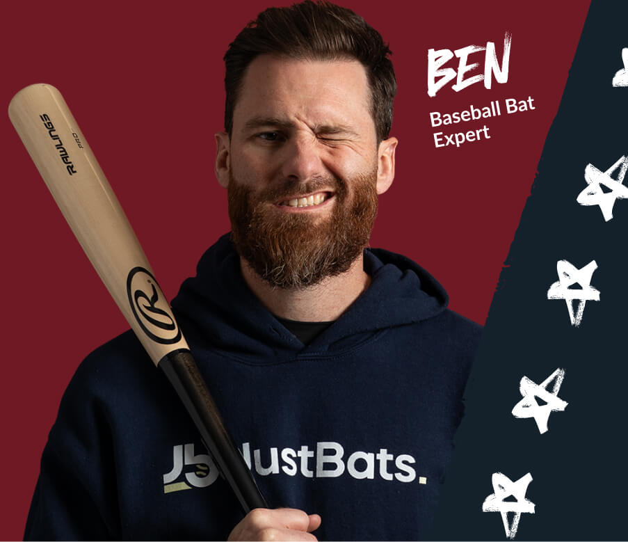 A bearded man holds a baseball bat with motion blur, featuring an R logo.