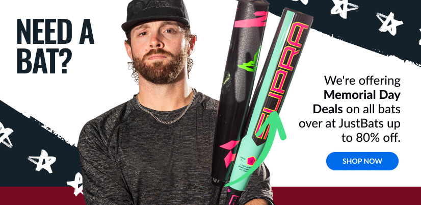 Man holding Supra and another bat. Ad: NEED A BAT? JustGloves offers Memorial Day deals on all bats up to 75% off. SHOP NOW