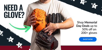 Man holding three baseball gloves. Text: NEED A GLOVE? Shop Memorial Day deals up to 50% off on 200+ gloves. SHOP NOW