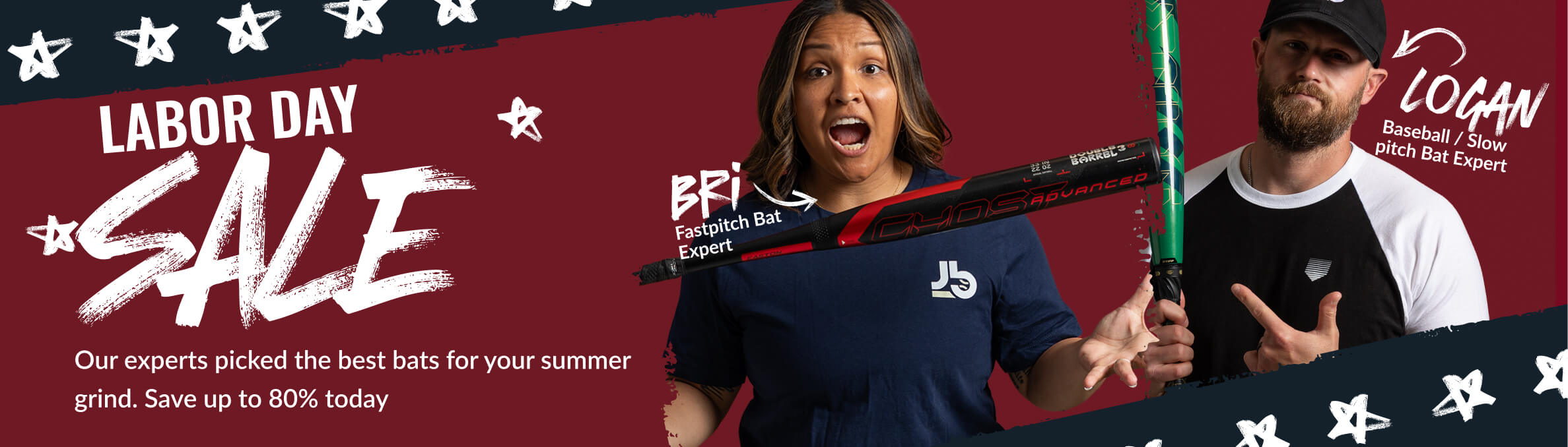 Labor Day SALE! Save up to 60% on bats. Bri, Fastpitch Bat Expert, and Logan, Baseball/Slow pitch Bat Expert, showcase bats.