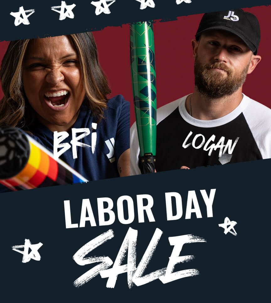 Bri and Logan hold baseball bats. The text 'LABOR DAY SALE' is visible.