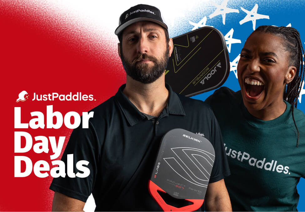 JustPaddles.com Labor Day Deals. A man and woman hold pickleball paddles with American flag background.