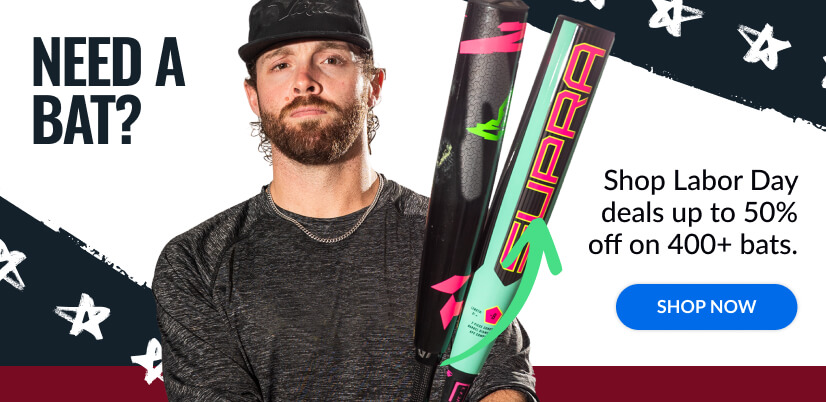 'NEED A BAT?' text overlays a baseball player holding two bats. Shop Labor Day deals up to 50% off on 400+ bats.