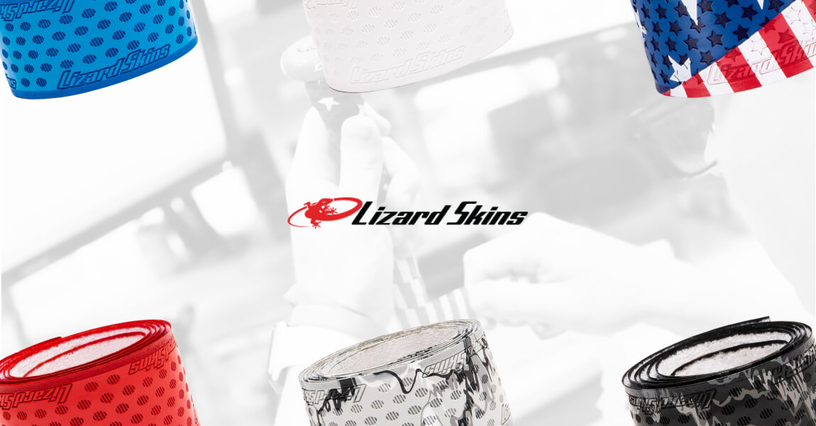Lizard Skins grip tape rolls in blue, white, red, American flag, silver, and black patterns. The Lizard Skins logo is visible.