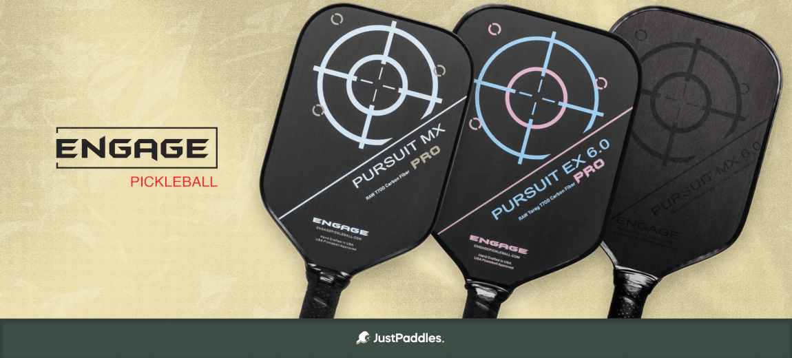 Engage Pickleball Pursuit MX Pro, EX 6.0 Pro, and MX 6.0 paddles with distinct target graphics.