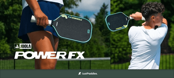 JOOLA POWER FX pickleball paddles are shown. The text "POWER FX" and "JOOLA" are visible.