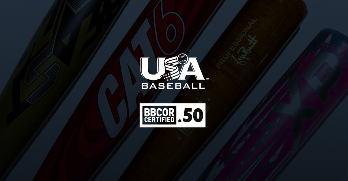 USA Baseball logo with BBCOR CERTIFIED .50 mark. Several baseball bats are visible, including one with "CAT" and another with "AX".