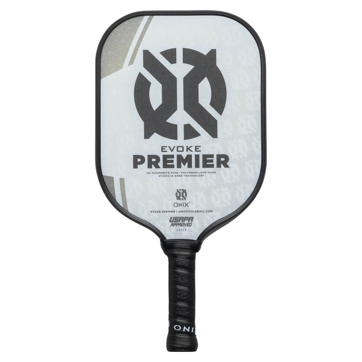 Front view of a white and black pickleball paddle with EVOKE PREMIER text and a large black logo.