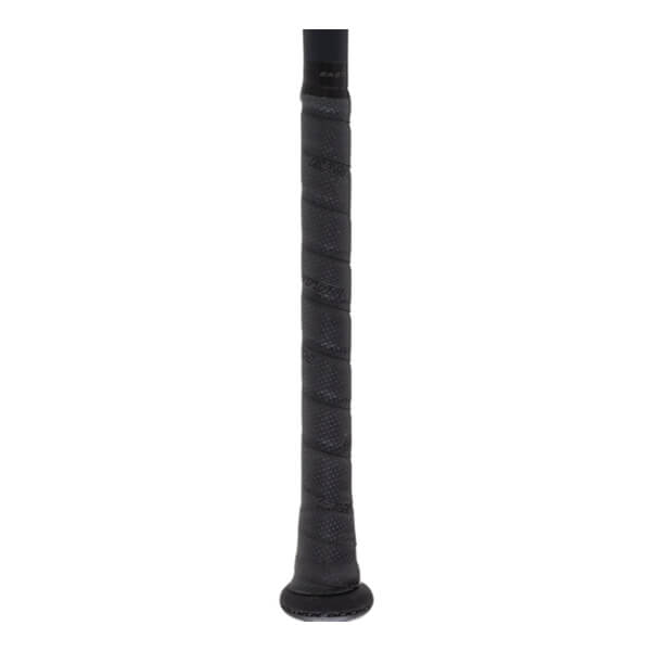 Close-up of a black baseball bat handle with spiral-wrapped textured grip tape, flared knob, and faint Easton branding.