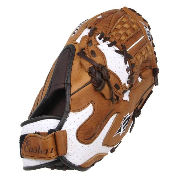 Top-down view of a brown and white Easton fastpitch glove with a woven web and visible branding.