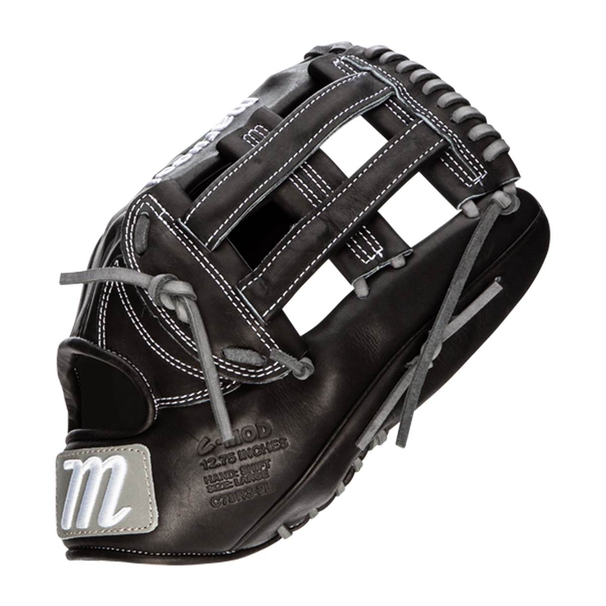 Corner view of a black baseball glove with white stitching, a grey m logo, and visible text.