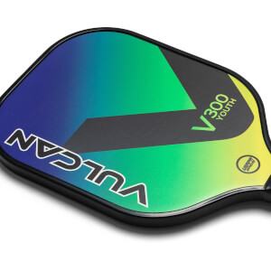 Corner view of a multicolor pickleball paddle with VULCAN and V300 YOUTH text and USAPA approved logo.