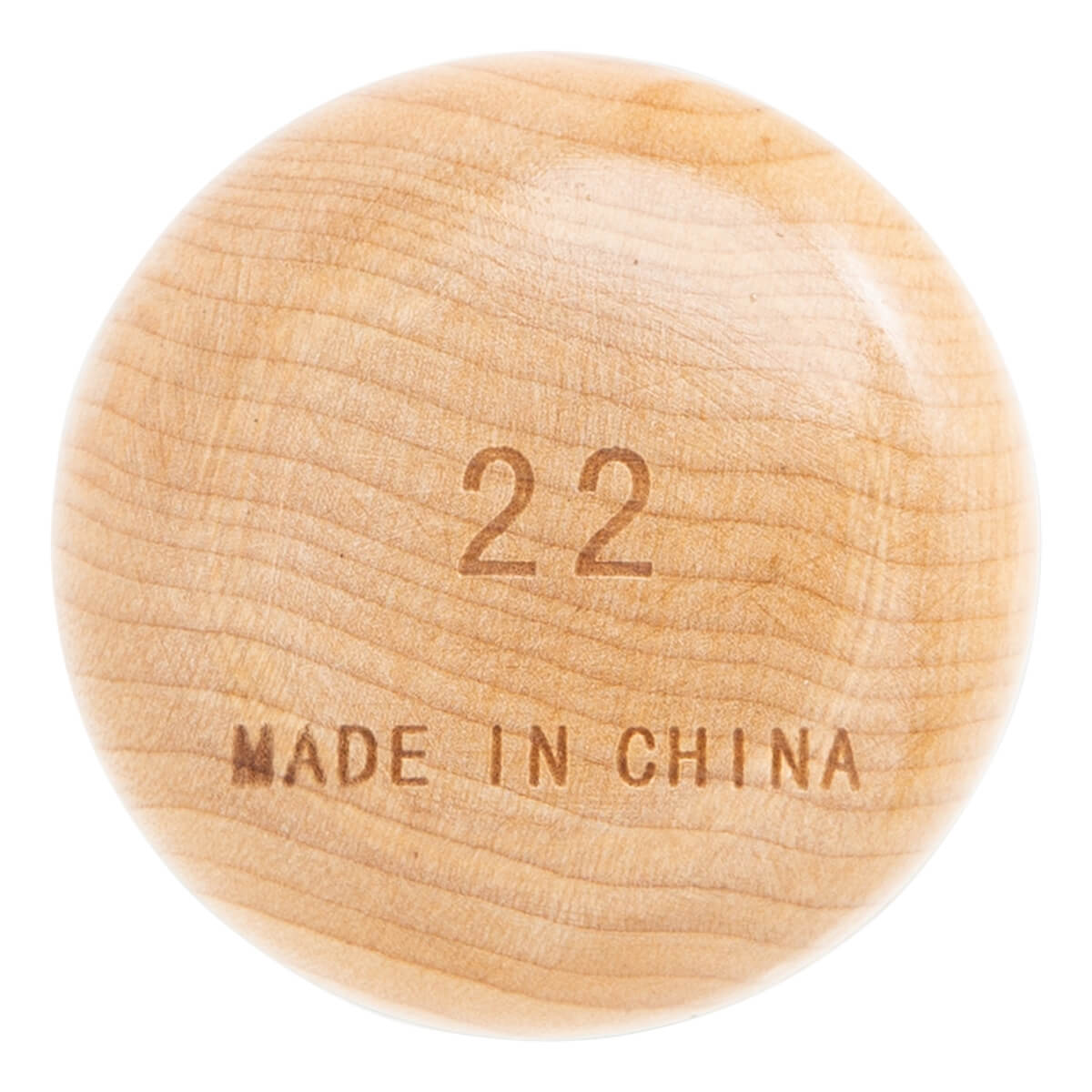 End view of a light wood baseball bat with 22 and MADE IN CHINA stamped on it.