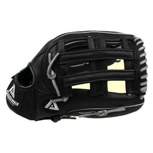 Side view of a black baseball glove with white stitching and an A logo.