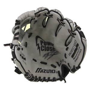 Top-down view of a gray youth baseball glove with Mizuno, Power Close, and Prospect Series text.
