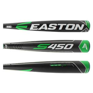 Side view of a black baseball bat with green Easton S450 branding and speed cap.