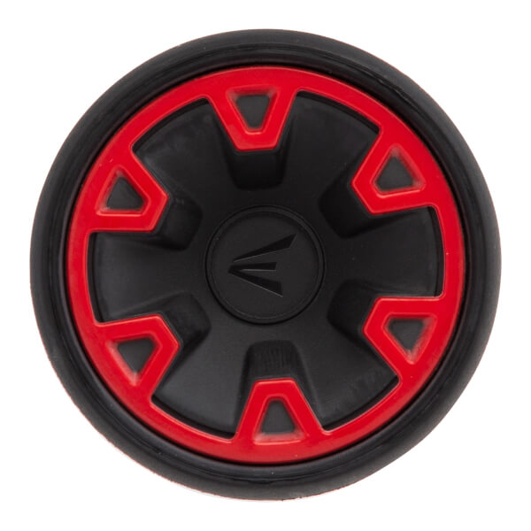 Top-down view of a black baseball bat end cap with red accents and the Easton logo.