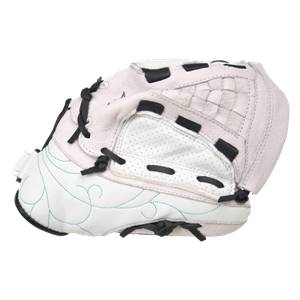 Side view of a white youth softball glove with black lacing and teal decorative stitching.