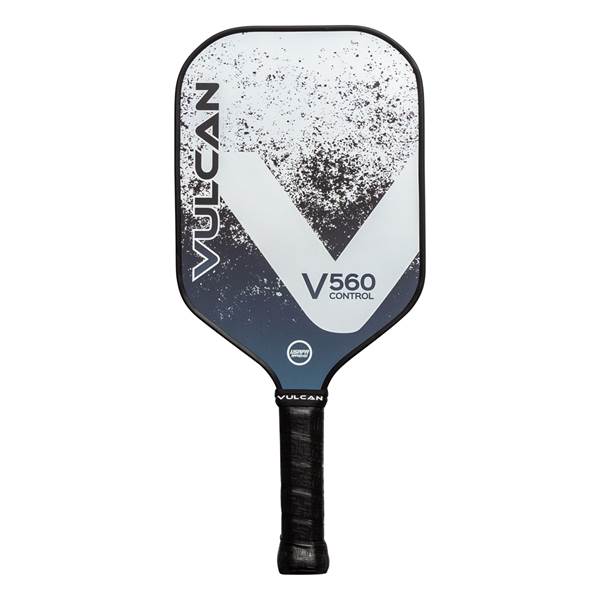 Front view of a black and white pickleball paddle with Vulcan branding and V560 Control text.