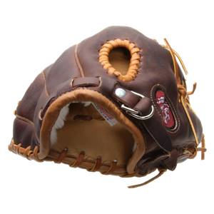 Front view of a brown leather baseball glove with a red embroidered logo and white fur lining.