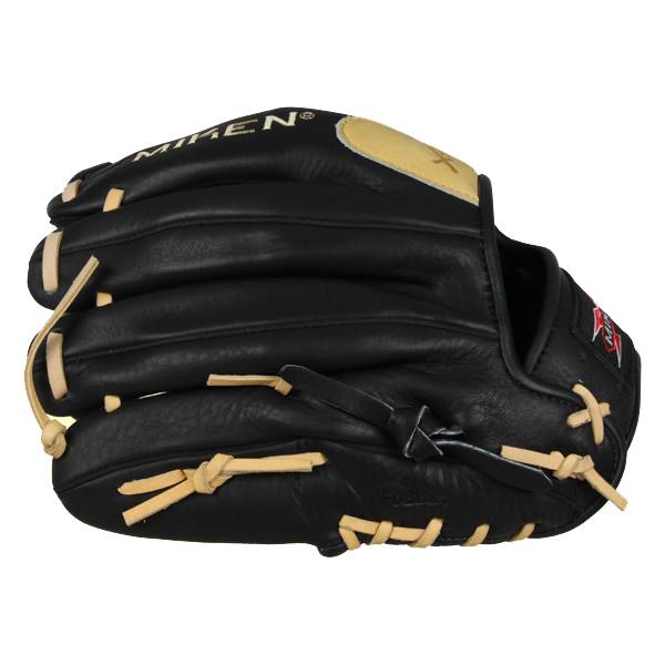 Side view of a black baseball glove with tan lacing and MIKEN branding.